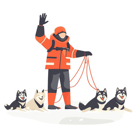 Man in Orange Outfit Waves Next to Dogs in Snowy Landscape Illustrationのイラスト素材