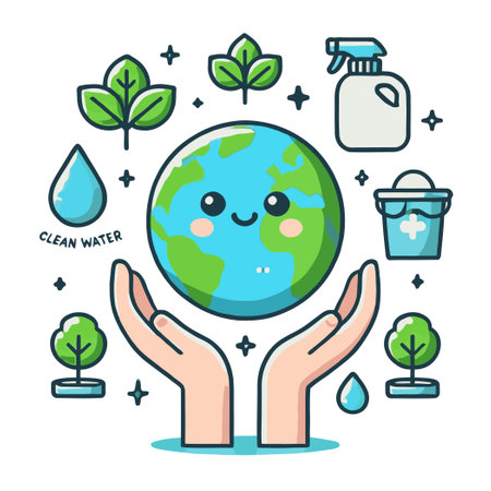 Smiling Earth Held By Hands Surrounded With Nature Elementsのイラスト素材