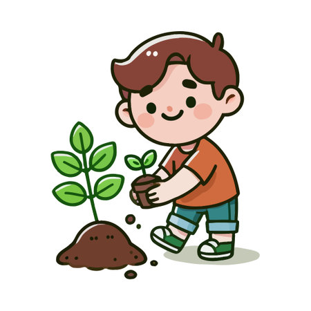 Young Boy Planting Seedling in a Garden Setting with Green Plantsのイラスト素材
