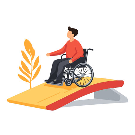 Man In Wheelchair On Ramp Accessibility Concept Orange And Yellow Backgroundのイラスト素材