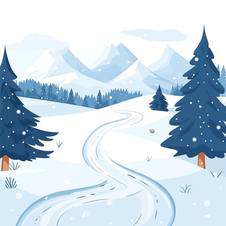 Snowy Winter Scene of Mountains Forest with Pathway and Snowfallのイラスト素材