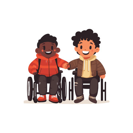 Two Children in Wheelchairs Holding Hands Illustration White Backgroundのイラスト素材