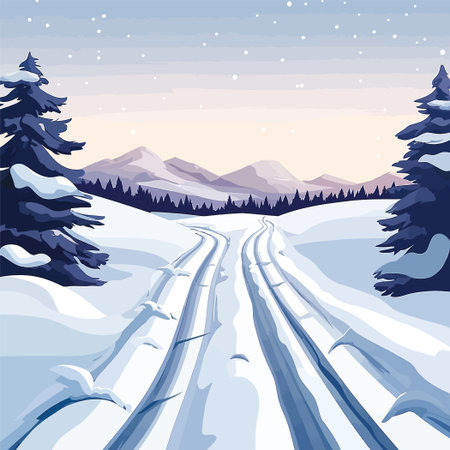 Snowy Winter Path Through Forest Leading To Mountains Under Cloudy Skyのイラスト素材