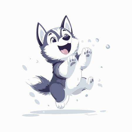 Husky Puppy Jumping With Snow On White Backgroundのイラスト素材