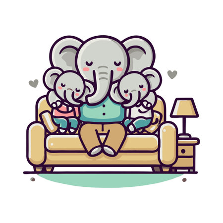 Elephant Family Cuddle On Couch In Flat Illustrationのイラスト素材