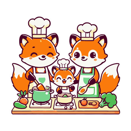 Fox Family Cooking Meal Together in Kitchen with Vegetables Illustrationのイラスト素材