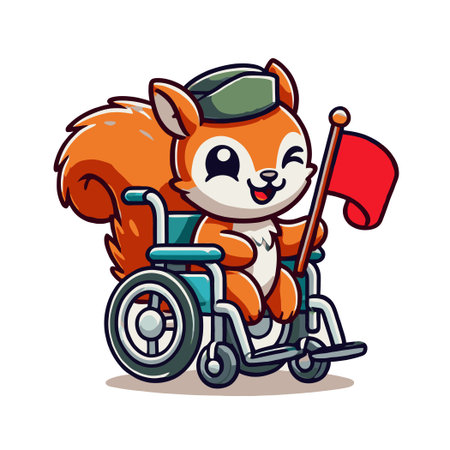 Veteran Cartoon Squirrel Waving Red Flag in Wheelchair Isolated on Whiteのイラスト素材