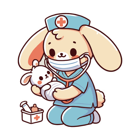 Caring Nurse Bunny Treats Baby with Stethoscope and Wears a Mask in Cartoon Illustrationのイラスト素材
