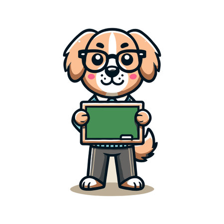 Cartoon Dog Wearing Glasses Holding a Blackboard Isolated on White Backgroundのイラスト素材