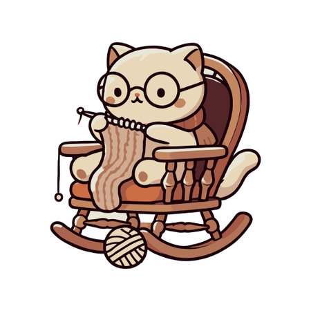 Cartoon Cat Knitting with Glasses on Rocking Chair in White Backgroundのイラスト素材