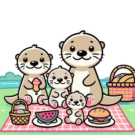 Charming Otter Family Enjoying a Picnic on Plaid Blanket with Food in Cartoon Styleのイラスト素材