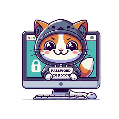 Cat Hacker Holding Password Sign Behind Computer Screenのイラスト素材