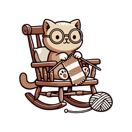 Cartoon Cat Knitting with Eyeglasses on a Rocking Chair and a Ball of Yarnのイラスト素材