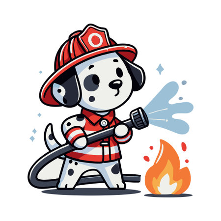 Cartoon Dalmatian Firefighter Extinguishing Flames With Hose and Red Helmet on White Backgroundのイラスト素材
