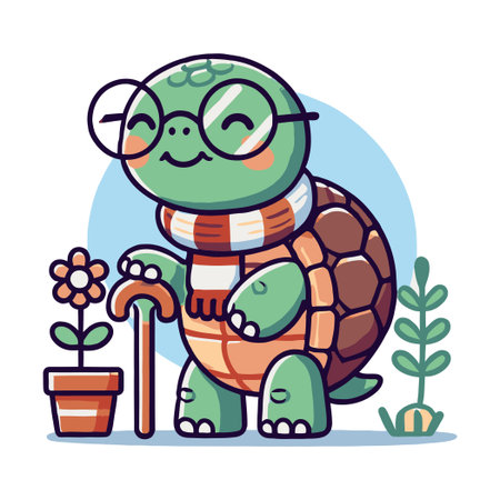 Cartoon Turtle With Glasses and Scarf Holding a Walking Stick Next To Potted Flowersのイラスト素材