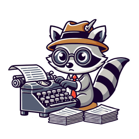 Cartoon Raccoon Wearing Hat and Glasses Typing on Typewriter Surrounded by Papersのイラスト素材