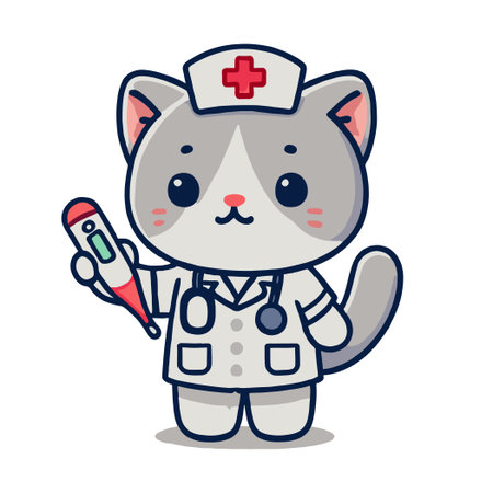 Cartoon Cat Nurse Holding Thermometer with Stethoscope in White Background Illustrationのイラスト素材