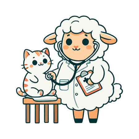 Cartoon Sheep Veterinarian Examining anTabby Cat on Stool with Clipboardのイラスト素材