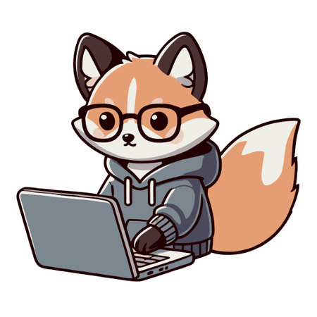 Cartoon Fox Wearing Glasses and Hoodie Working on a Laptop Illustrationのイラスト素材