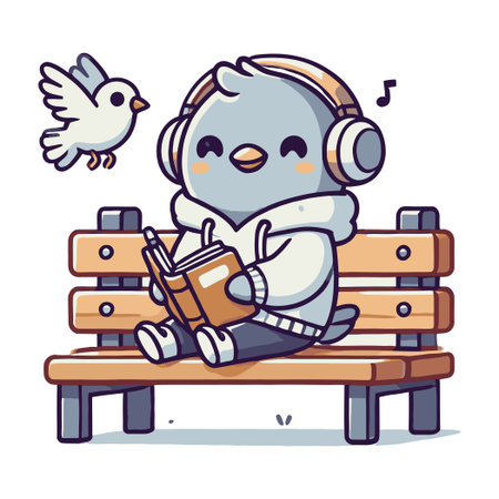 Pigeon Wearing Headphones Reading on Wooden Bench with Bird Illustrationのイラスト素材