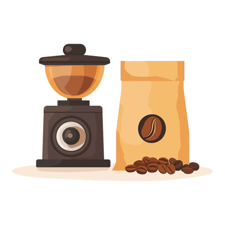 Retro Coffee Grinder and Beans with Brown Bag Illustration Isolated on Whiteのイラスト素材