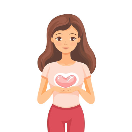 Charming Woman in Pink Shirt Gently Holds Heart Illustration on White Backgroundのイラスト素材