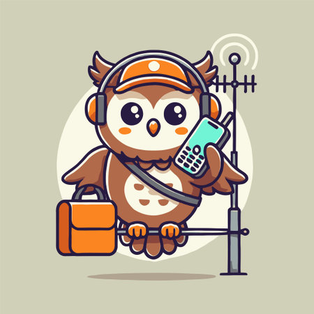 Cartoon Owl Wearing Headphones Holding Mobile Phone and Toolbox Standing Near Antennaのイラスト素材