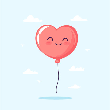 Smiling Heart Shaped Balloon Floating in Light Blue Sky With White Clouds Illustrationのイラスト素材