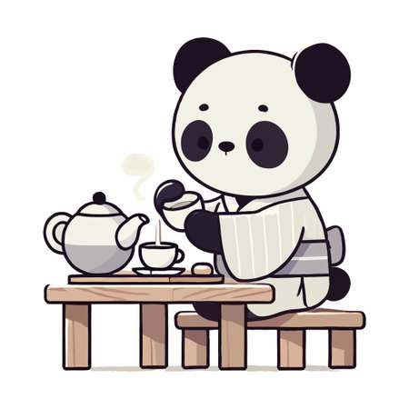 Cute Panda Bear Enjoying a Tea Party on Wooden Table Cartoon Illustrationのイラスト素材