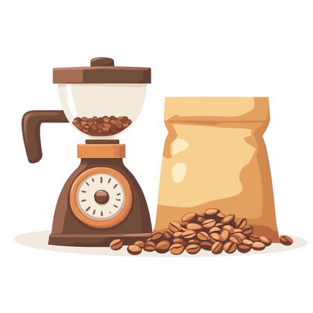 Coffee Beans in Front of Coffee Machine and Bag Illustration on Plain Backgroundのイラスト素材