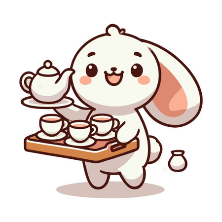 White Rabbit Serving Tea on a Wooden Tray with a White Backgroundのイラスト素材