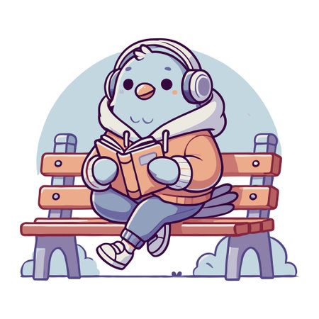 Cute Bird Relaxing With Book And Wearing Headphones On Park Bench Illustrationのイラスト素材