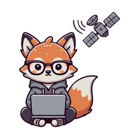 illustration of a hacker fox with a laptop hacking into a telecommunications satelliteのイラスト素材
