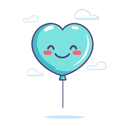Cartoon Character of Smiling Blue Heart Balloon Floating in Soft Sky with White Clouds Minimalist Styleのイラスト素材