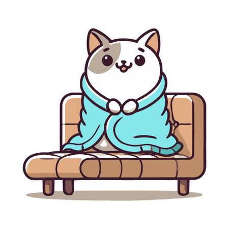 Cartoon Cat Wrapped in Blanket on Sofa Cozy Indoor Scene Vector Illustrationのイラスト素材