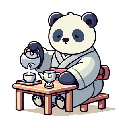 Panda Bear Character in Kimono Pouring Tea with Tableware on a Wooden Tableのイラスト素材