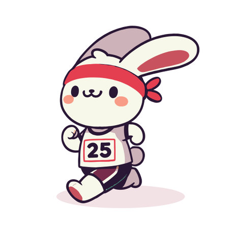 Cartoon Rabbit Running With Red Headband Wearing a Sports Jersey on White Backgroundのイラスト素材