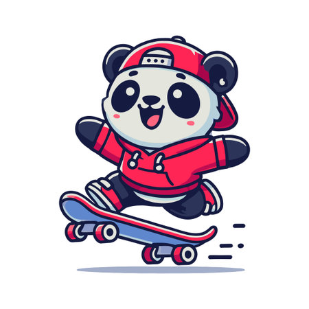 Cartoon Panda with Red Hoodie and Cap on Skateboard in Flat Illustrationのイラスト素材