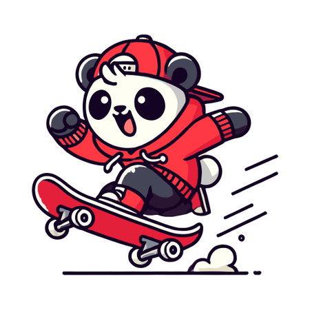 Cartoon Panda Skateboarding Wearing Red Hoodie and Cap on White Backgroundのイラスト素材