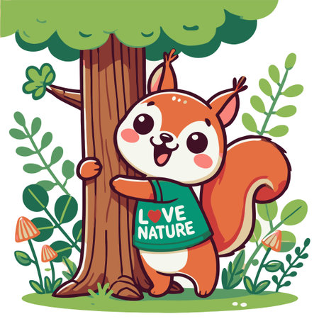 Cartoon of a Squirrel Hugging a Tree Trunk as a form of love for natureのイラスト素材