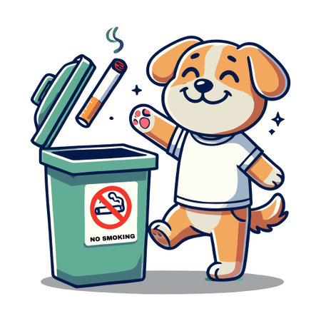 Cartoon of a Dog Throwing a Cigarette in the Trash in a White Backgroundのイラスト素材