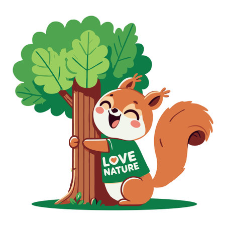 Cartoon of a cute squirrel hugging a tree trunk in love with nature in a white backgroundのイラスト素材