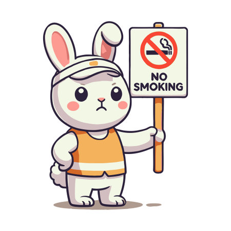 Cartoon Rabbit Holding No Smoking Sign in Flat Illustrationのイラスト素材