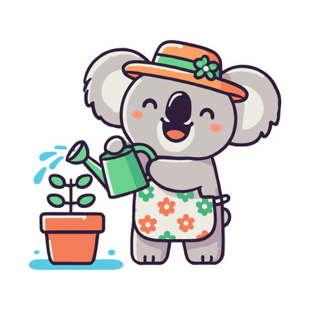 Cute Koala Gardening Watering Plant with Hat and Apron Cartoon Illustrationのイラスト素材