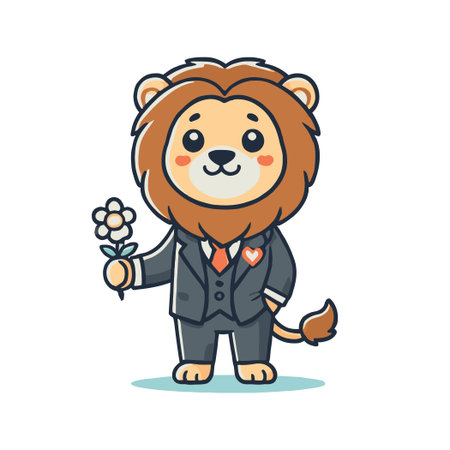Cartoon Lion Wearing Suit Holding Flower Isolated on White Backgroundのイラスト素材