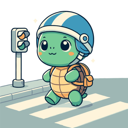 Cartoon Turtle Wearing Helmet Crosswalk With Backpack on Urban Street Illustrationのイラスト素材