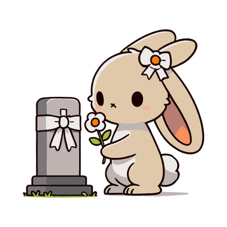 Sad Cartoon Bunny Placing Flower on Tombstone in Cemetery with White Backgroundのイラスト素材