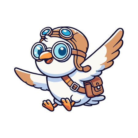 Adorable Bird Aviator Flying with Brown Helmet and Goggles on White Backgroundのイラスト素材