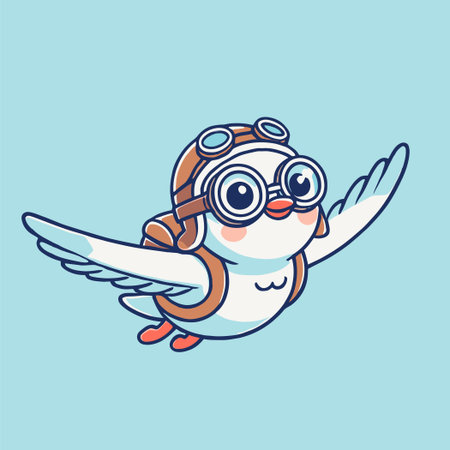 Cute White Bird Aviator Flying in Blue Sky Cartoon Illustrationのイラスト素材