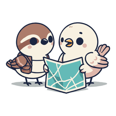 Two Cute Cartoon Birds with Map in Flat Illustration on White Backgroundのイラスト素材